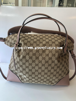 Preloved Excellent Gucci Bree Tote Beige Brown GG Canvas Pink Leather Trim SBO260629-02