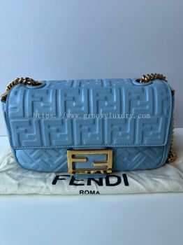 Preloved Fendi Mini Midi Baguette Sky Blue Chain Bag Zucca Embossed Leather SBO260630-04