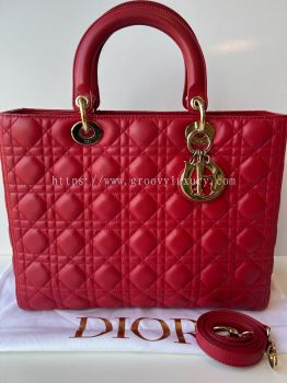Preloved Excellent Christian Dior Lady Dior Large Red Lambskin Handbag with Minor Touchup at the edges  S260715-09