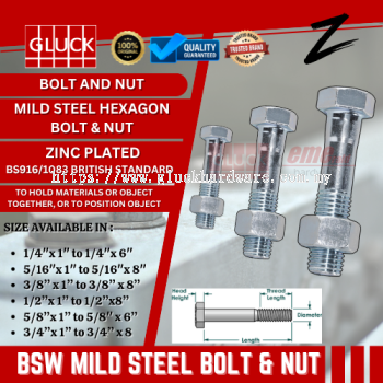 BSW MILD STEEL HEXAGON BOLTS & NUTS 1/4", 5/16", 3/8", 1/2", 5/8" , 3/4" bolt and nut