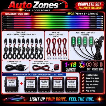 Universal 22-in-1 LED Car Ambient Light RGB Interior Lighting Kit | APP & Remote Control | Music Sync Ambient Light | USB & Cigarette Lighter Powered | Universal Car Interior Decoration