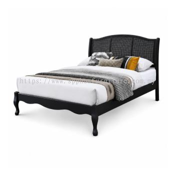 Black Bedframe with Woven Rattan Style Headboard
