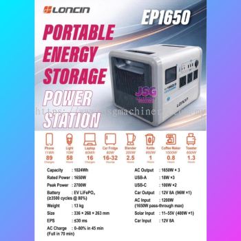 LONCIN EP1650 1650W Portable Power Station 1024Wh LiFePO4 Solar Generator Backup Power