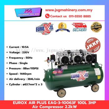 EUROX AIR PLUS EAG-3-10063F 100L 3HP Air Compressor 2.2kW Oil-Free Belt Drive Single Phase 230V