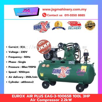 EUROX AIR PLUS EAG-3-10065B 100L 3HP Air Compressor 2.2kW Belt Drive Single Phase 8 Bar 230V