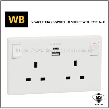 Schneider Vivace E 13A 2 Gang Switched Socket c/w USB Type A+C [KBNT25USB_WE_G11]