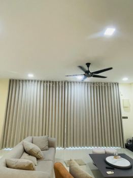Beige Full Height S-Fold Curtain For Living Room At Ken Kimbaran Residence Shah Alam