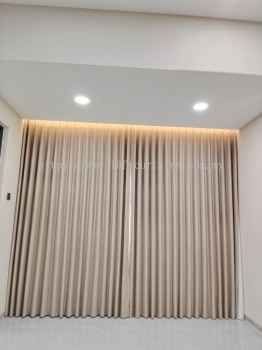Beige Akemiuchi Prism Singapore Pleat Curtain With Pelmet And LED For Living Area Sliding Door At Landed Kajang