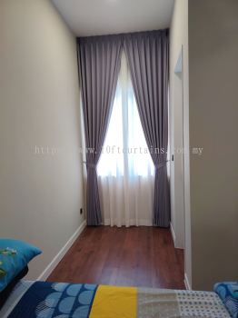 Grey Wall-to-Wall Curtain With Centre Hook For Dual Panel Bedroom Window At Landed Sungai Buloh
