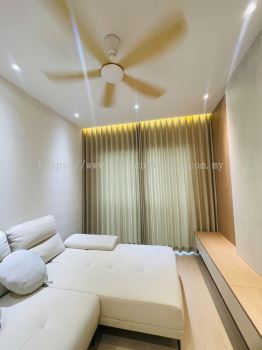 Beige Wall-to-Wall S-Fold Dimout Curtain With Plaster Ceiling At JRK Convena Residence Bukit Jalil