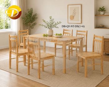 1+6 - Wooden Q5 Dining Chair + 3 x 5 Solid Top Dining Table (Natural Finish)