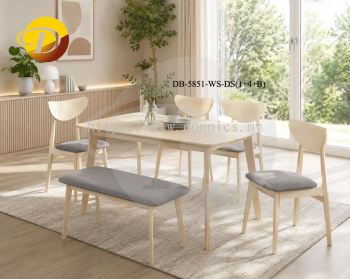 New Modern 1+4+Bench Cushion Seat Wooden Dining Set 5851 + 3 x 5 Special Plane Leg Solid Table (White Wash / Grey Cushion)