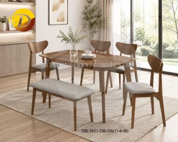 New Modern 1+4+Bench Cushion Seat Wooden Dining Set 5851 + 3 x 5 Special Plane Leg Solid Table (Dark Brown / Grey Cushion)