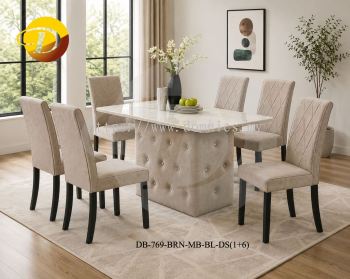 Simple Parson Dining Chair 769 + 3 x 5 Marble Top with Cushion Box Leg Dining Table (1+6) Pet Friendly Brown Fabric