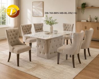 Luxury Parson Dining Chair 768 + 3 x 5 Marble Top with Cushion Box Leg Dining Table (1+6) Pet Friendly Brown Fabric