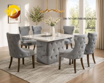Luxury Parson Dining Chair 768 + 3 x 5 Marble Top with Cushion Box Leg Dining Table (1+6) Pet Friendly Grey Fabric