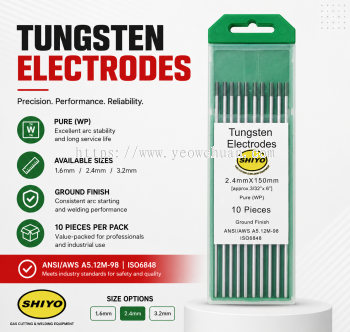 SHIYO Premium Pure Tungsten Electrodes �� Pure (WP Green Tip)  1.6mm/2.4mm/3.2mm �� 150mm