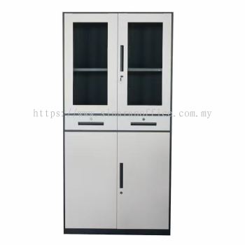 Half Glass Steel Cabinet with Middle Drawer c/w Swing Door