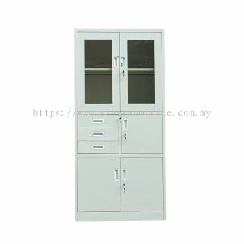 Half Glass Steel Cabinet c/w 3 Middle Drawer & Safebox