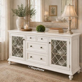 Kayuhome Farmhouse White Cabinet with Glass Doors and Drawers