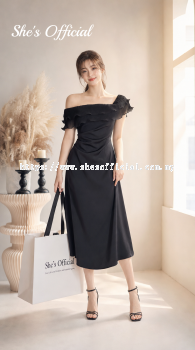 SHE'S Elegant Off Shoulder Ruffle Satin Midi Dress