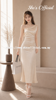 SHE'S French Satin One Shoulder & Strap Waist Maxi Dress