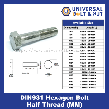 DIN931 Hexagon Bolt Half Thread (MM)