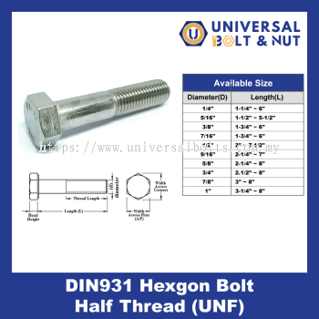 DIN931 Hexgon Bolt Half Thread (UNF)