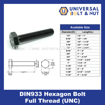 DIN933 Hexagon Bolt Full Thread (UNC)