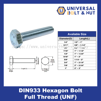DIN933 Hexagon Bolt Full Thread (UNF)