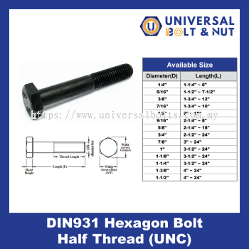 DIN931 Hexagon Bolt Half Thread (UNC)
