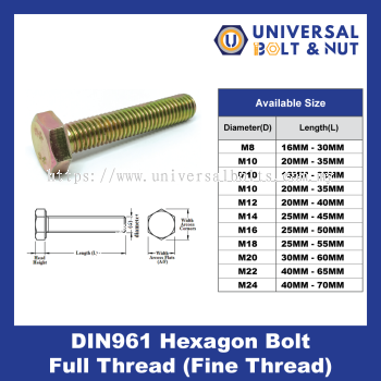 DIN961 Hexagon Bolt Full Thread (Fine Thread)