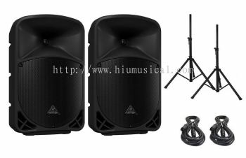 2 Behringer B110D Active PA Speaker System 300W 300 Watts Cable Stand Package