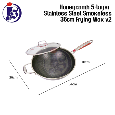 34CM / 36CM Honeycomb 5-Layer Stainless Steel Smokeless Frying Wok V2